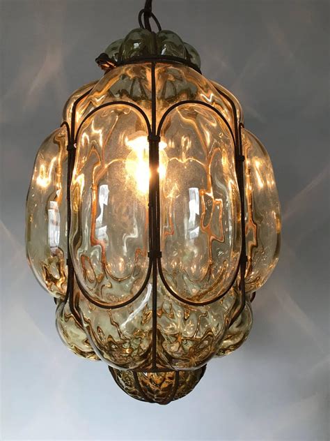 Vintage Venetian Mouth Blown Glass In Metal Frame Pendant Light