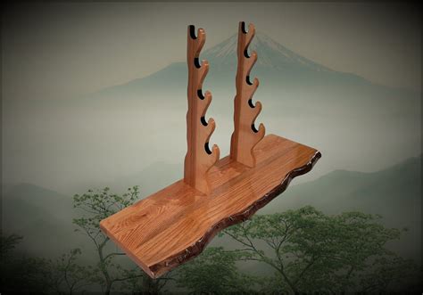 Solid Rustic Oak Katana Sword Stand Hickory Holders Mantel Desk Top