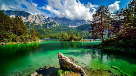 Eibsee Lake In Bavaria Ggermany Lake With Turquoise Green Water Rock