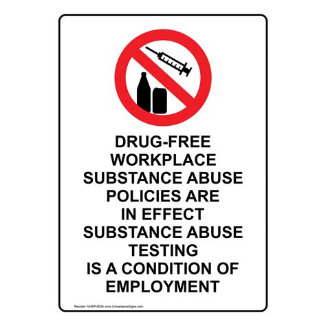 Portrait Drug Free Workplace Substance Sign With Symbol Nhep 8054