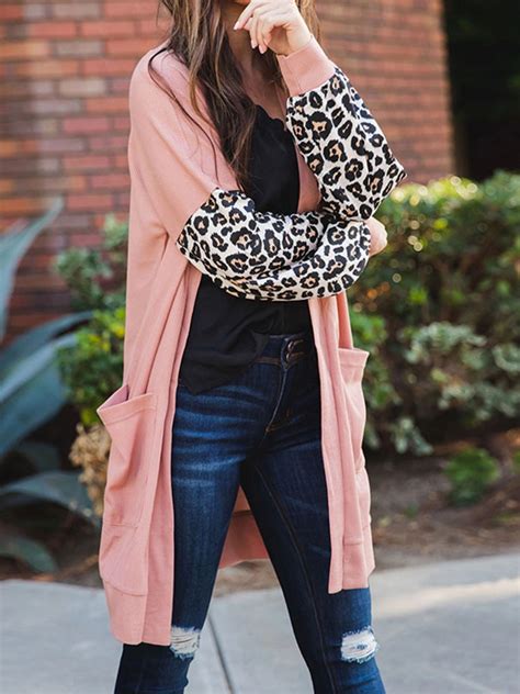 Leopard Colorblock Long Sleeve Pocket Front Cardigan