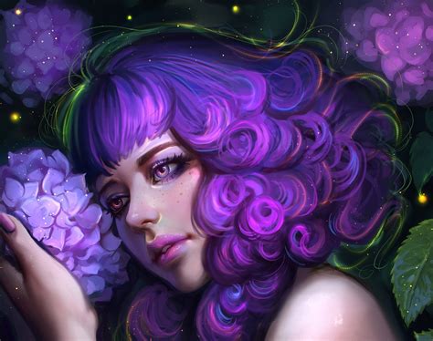wallpaper 1920x1518 px artwork curly hair fantasy art purple eyes purple flowers purple