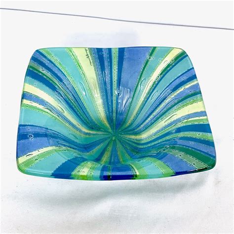 Mid Century Modern Higgins Fused Art Glass Dish Bowl Turquoise Etsy Fused Glass Art Glass