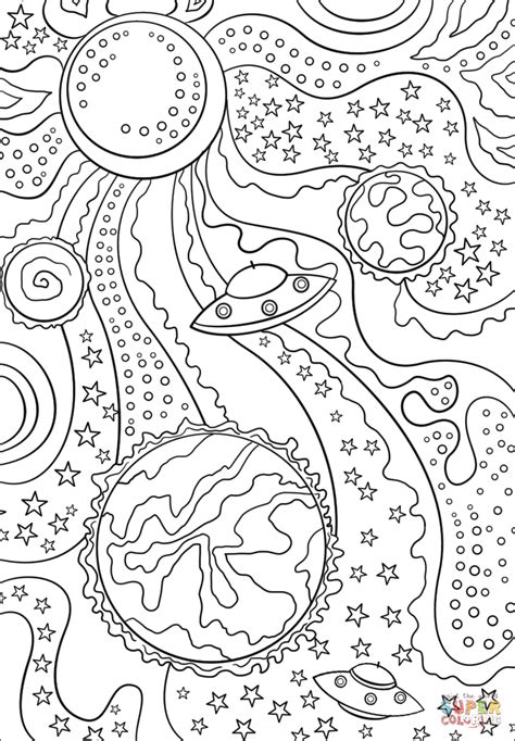 Astronaut coloring pages feature the amazing astronauts in their excelsior uniforms floating in the space study of moon or mars. Trippy Space - Alien Flying Saucer and Planets coloring page | Free Printable Coloring Pages