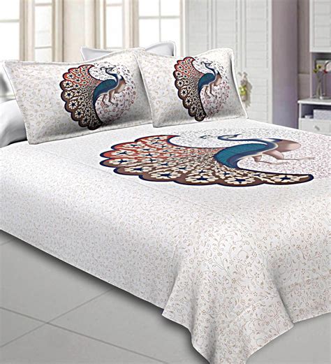 Buy White Traditional 300 Tc Cotton 1 Double King Size Bedsheet With 2 Pillow Covers By Jaipur