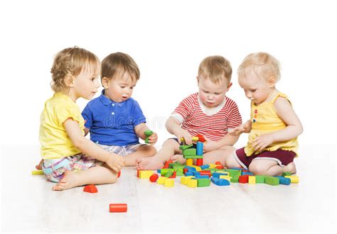 Children Group Playing Toy Blocks Little Kids Early Development Stock