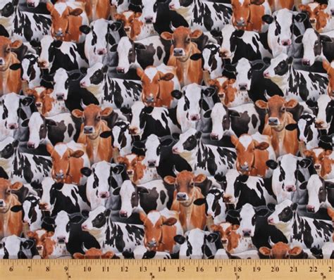 Cotton Farm Animals Packed Cows Cow Holstein Cotton Fabric Print By The
