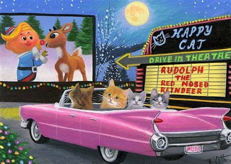 Kittens Cats Cadillac Rudolph Drive In Christmas Movie Original Aceo