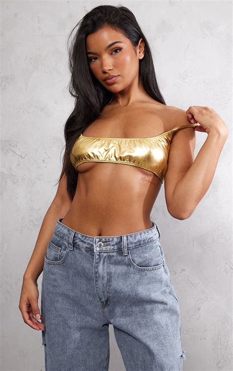Gold Metallic Ruched Micro Crop Top Tops Prettylittlething