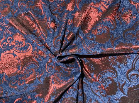 New Designer Damask Burnout Chenille Velvet Fabric Blue And Metallic