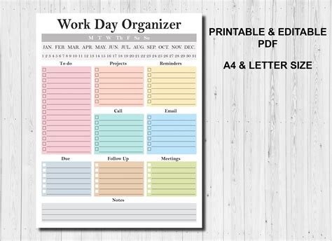 Work Day Organizer Printable Editable Fillable Work Planner Etsy
