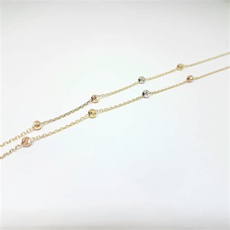 14k Real Solid Gold Chain Beaded Italian Balls Necklace For Women