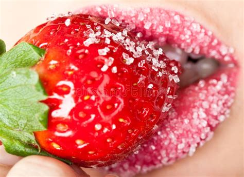 Woman S Mouth With Red Strawberry Stock Image Image Of Mouth