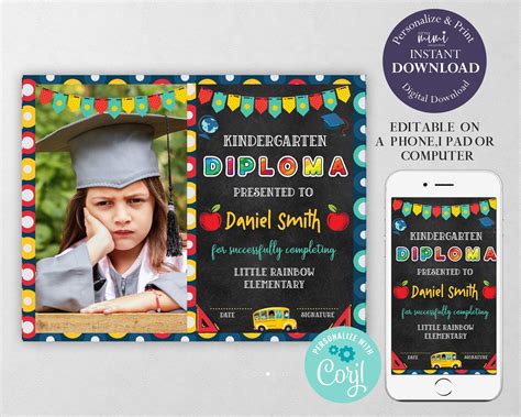 Editable Kindergarten Diploma With Photo Instant Download Etsy Uk