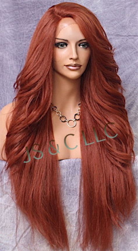 40 Extra Long Human Hair Blend Full Lace Front Wig Romantic Straight And Bangs Copper Red