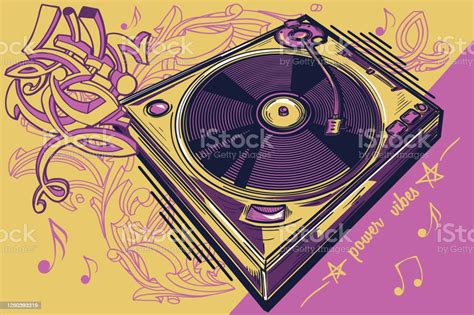 Funky Colorful Drawn Musical Turntable And Graffiti Arrows Stock