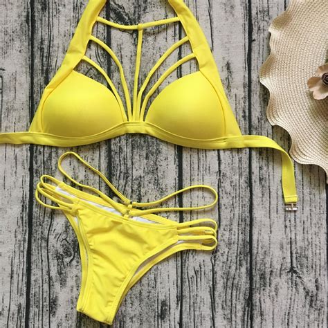 2017 Sexy Gelb Frauen Bandage Bikini Top Push Up Padded Swimwear Halter