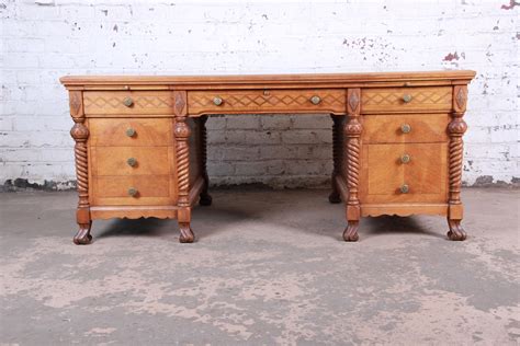 Antique Carved Burled Walnut Executive Lincoln Desk Chicago Circa