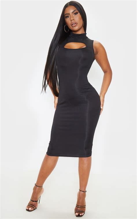 Black High Neck Cut Out Midi Dress Dresses Prettylittlething Qa