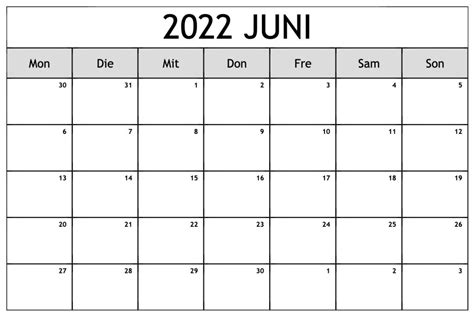 Kalender Juni 2022 Mit Feiertagen Stile Docalendario