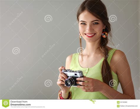 Portrait Of A Young Beautiful Photographer Woman Stock Photo Image Of