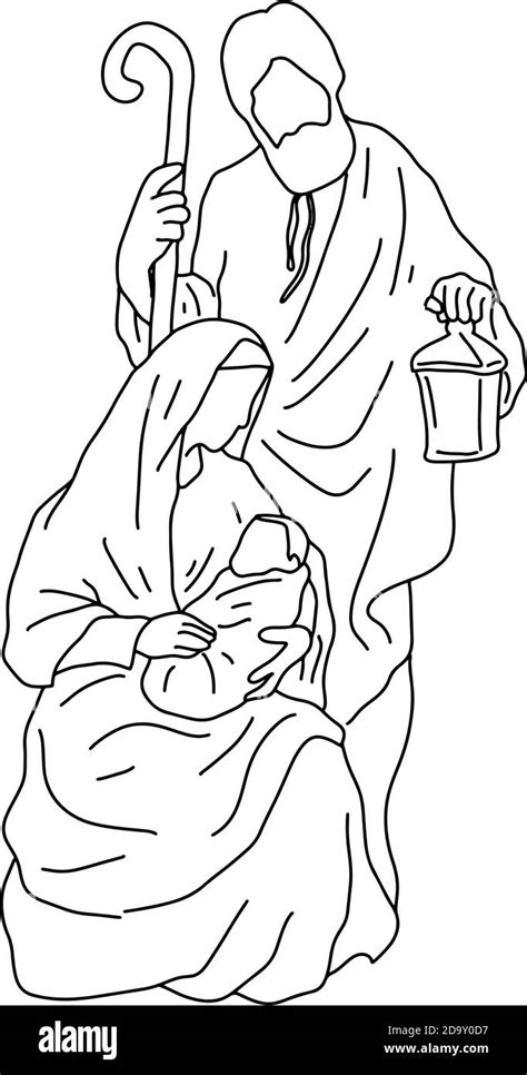 Nativity Scene Of Joseph With Cane And Mary Holding Baby Jesus Vector