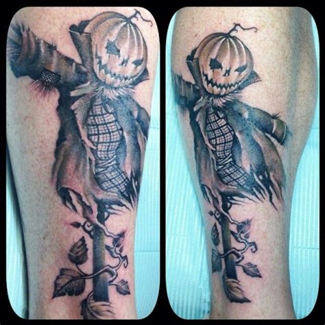 With this in mind, the crow can also mean destiny and transformation, as many tattoos show a murder of crows transforming from an object (like a tree) into their true form. Pumpkin scarecrow | Halloween tattoos, Halloween tattoos ...