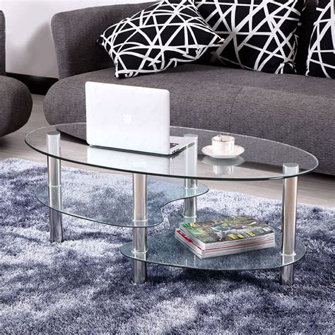 tempered clearblack glass oval side coffee table shelf
