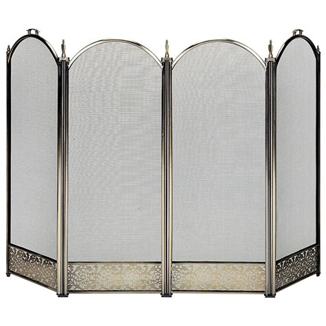 4 Fold Antique Brass Fireplace Screen With Decorative Filigree