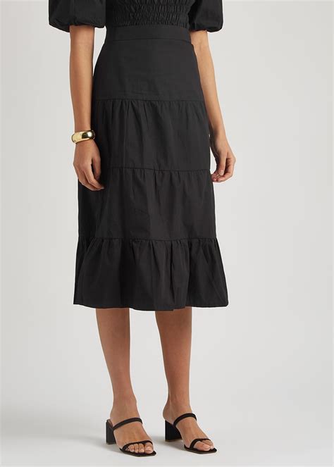 Faithfull The Brand Farida Black Tiered Cotton Midi Skirt Lyst