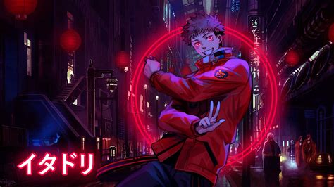 Jujutsu Kaisen Yuji Itadori Red Eyes Glowing Red Jackets Circle