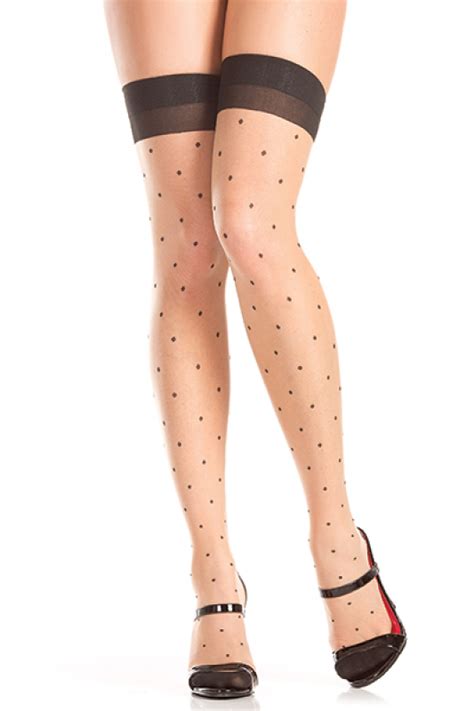 Sexy Be Wicked Nude Black Cuban Heel Polka Dot Thigh Highs Stockings