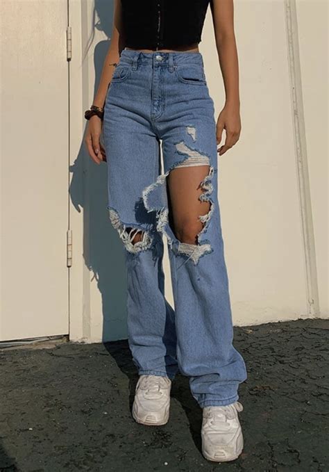 Straight Blue Jeans In 2021 Wide Leg Jeans Outfit Ripped Jeans