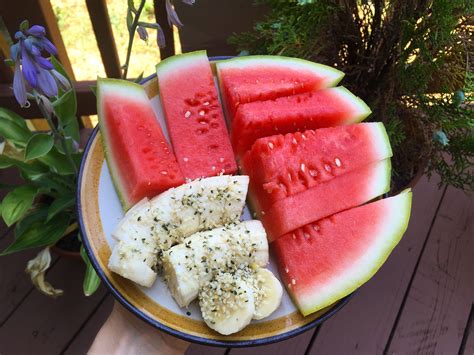 Plant Based Breakfast Pre Yoga Eats Watermelon Banana Hemp Seeds