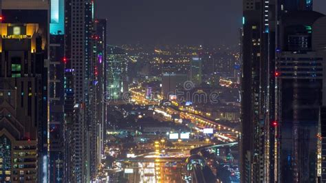 Dubai Sheikh Zayed Road Night Timelapse Near Dubai Downtown Closer Look