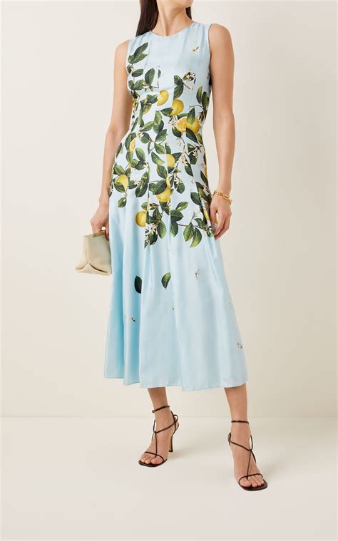 Pleated Lemon-Print Silk Midi Dress By Oscar De La Renta | Moda