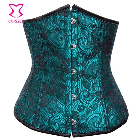 Green Satin Black Floral Lace Overlay Sexy Corsets And Bustiers Underbust Corset Gothique