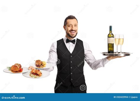 Server Carrying A Tray With Wine And Food On Plates Stock Photo Image