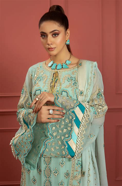 Azure Blue Embellished Pakistani Salwar Kameez Suit Nameera By Farooq