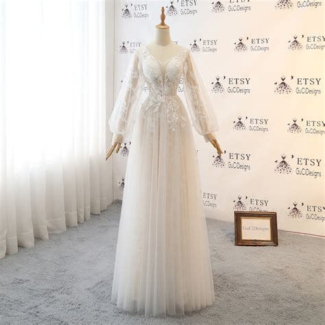 Fairy Wedding Dresses White Lace Bishop Sheer Sleeves Bridal Etsy