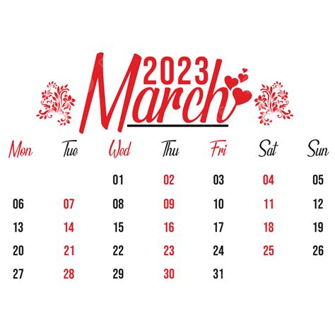 March 2023 Transparent Monthly Calendar With Decorations March 2023