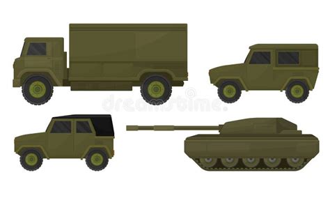 Armored Military Vehicles Isolated On White Background Vector Set Stock
