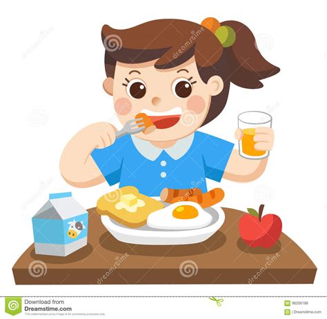 His lunch consisted of a plate of potatoes with meat, an apple, ice cream, a hamburger and cheese. A Little Girl Happy To Eat Breakfast In The Morning. Stock Vector - Illustration of hungry ...