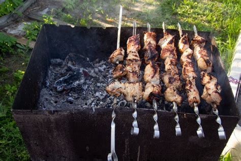 Roasted Meat Which Is Stringed On Skewers The Skewers Lie Above The