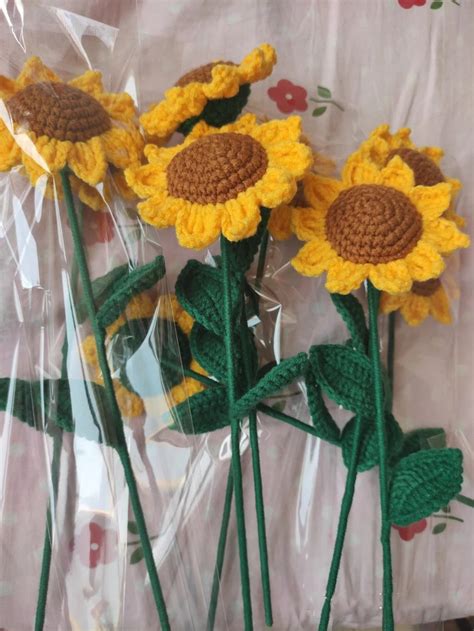 Crochet Sunflowers Set Of 4 Handmade Knitted Flowers Etsy