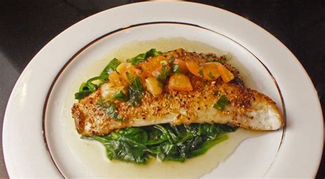Pan Fried Seabass On Wilted Spinach With Sauce Vierge Wilted Spinach Sea Bass Seabass Fillet