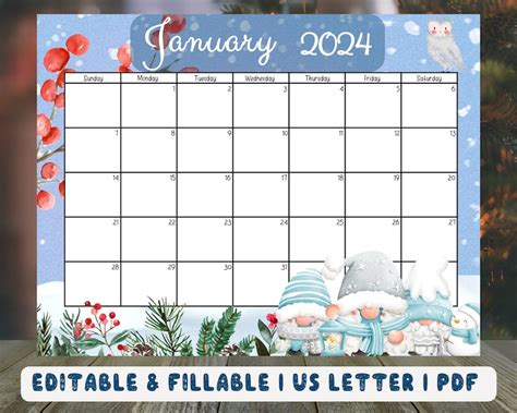 Editable January 2024 Calendar Sweet Winter With Cute Gnomes Etsy Canada