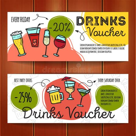Vector Set Of Discount Coupons For Beverages Colorful Doodle Style