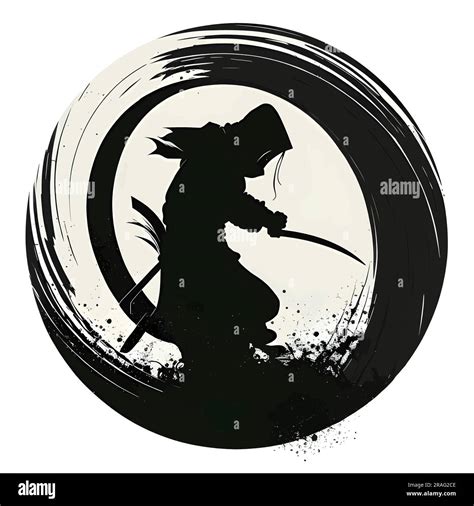 Vector Illustration Of Samurai In A Circle In Black Silhouette Against