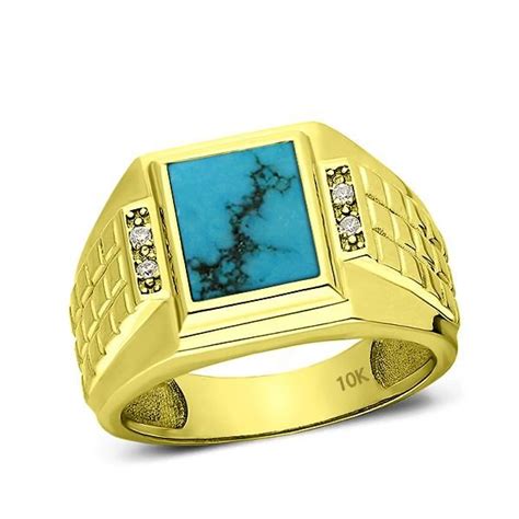 Solid Real K Yellow Fine Gold Turquoise Ring For Men With Natural